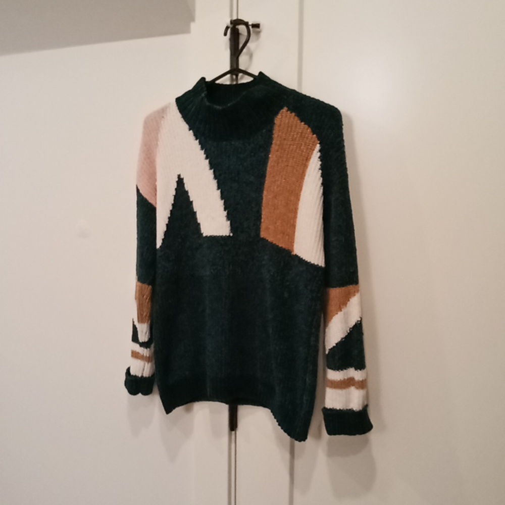 Alison Sheri super luxe chenille sweater, soft, sz.8,  dark teal, tan,pink,cream